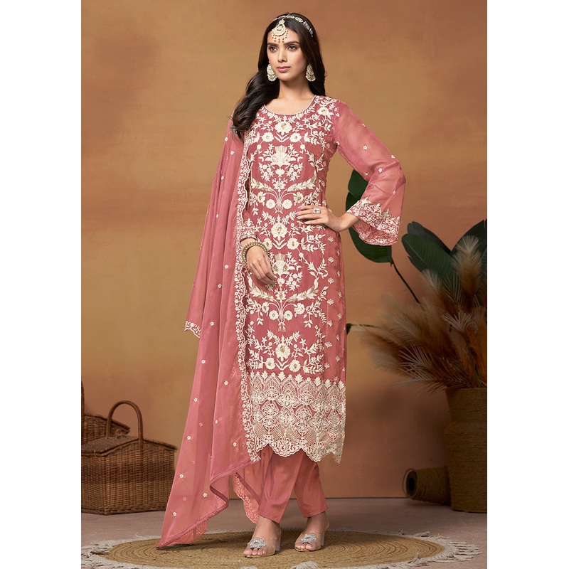 Amazing Pink Organza Embroidered Designer Salwar Suit