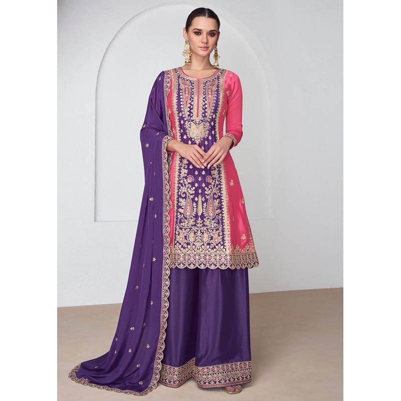 Amazing Pink & Purple Chinnon Silk Wedding Festive Palazzo Suit