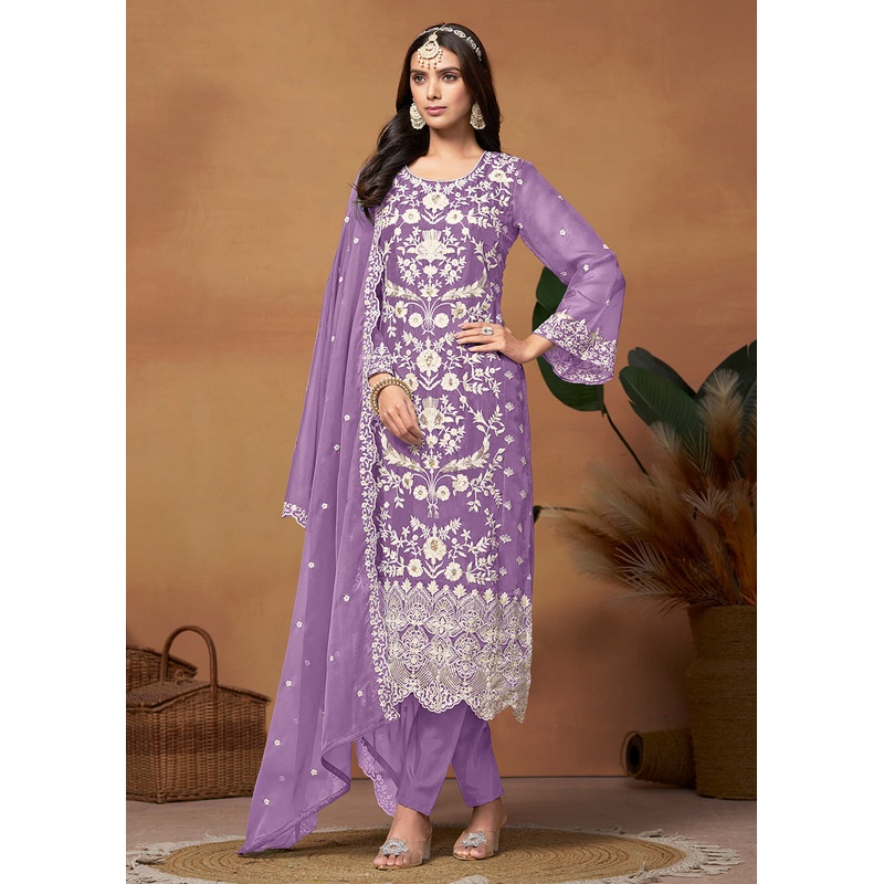 Amazing Purple Organza Embroidered Designer Salwar Suit