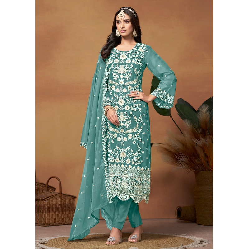 Amazing Sea Green Organza Embroidered Designer Salwar Suit