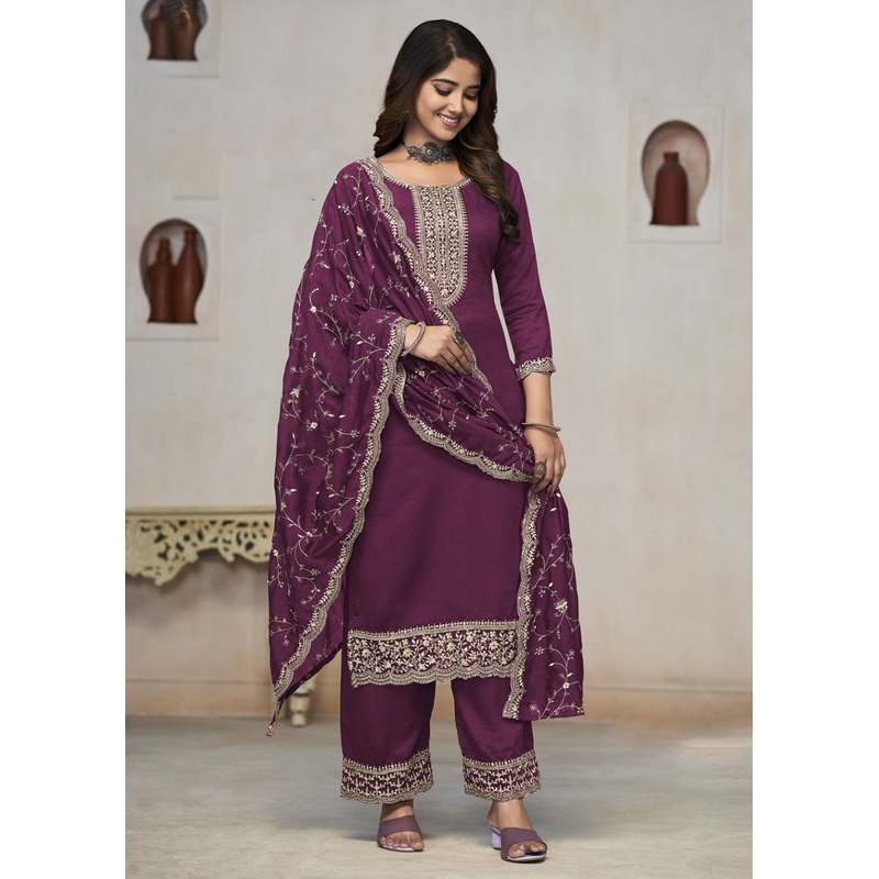 Beautiful Burgundy Vichitra Silk Fancy Salwar Suit
