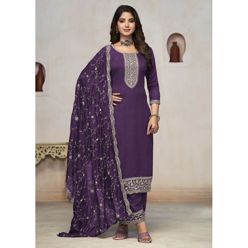 Beautiful Purple Vichitra Silk Fancy Salwar Suit