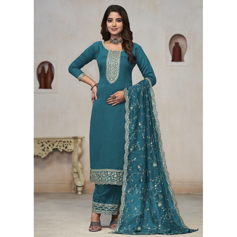 Beautiful Turquoise Vichitra Silk Fancy Salwar Suit
