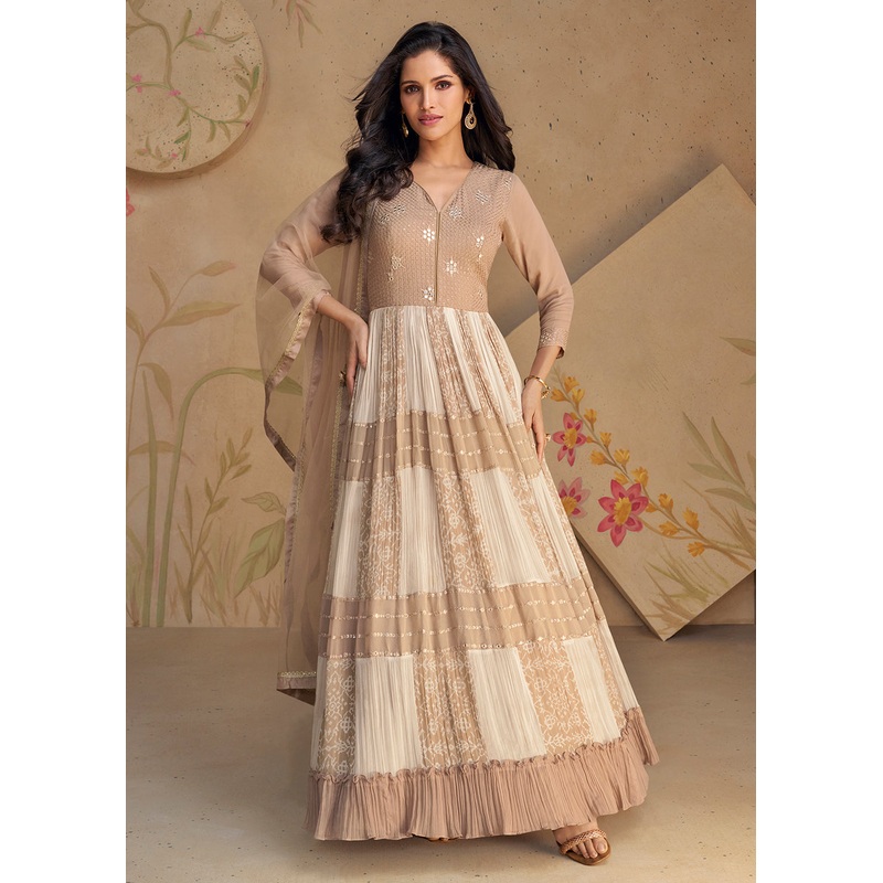 Beige Sequins & Thread Wedding Festive Anarkali Dress