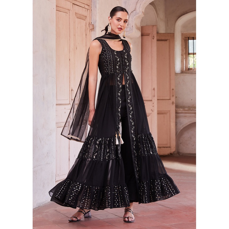 Black Front Slit Style Pant Style Party Wear Suit