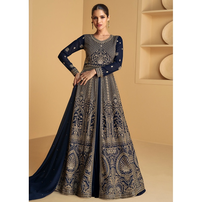 Blue Embroidered Wedding Style Lehenga Anarkali Suit