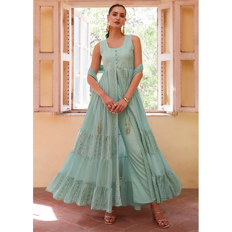Blue Front Slit Style Pant Style Party Wear Suit