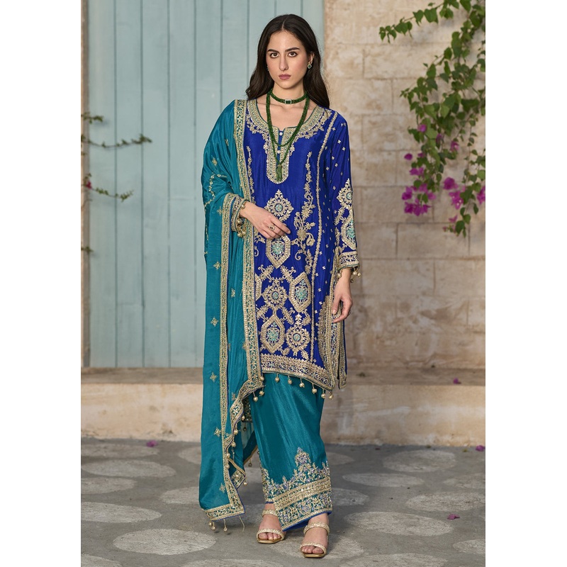 Blue & Teal Pure Chinnon Embroidered Afghani Style Dress