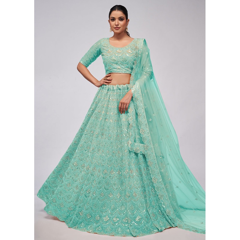 Dazzling Sky Blue Bridal Embroidered Designer Lehenga Choli