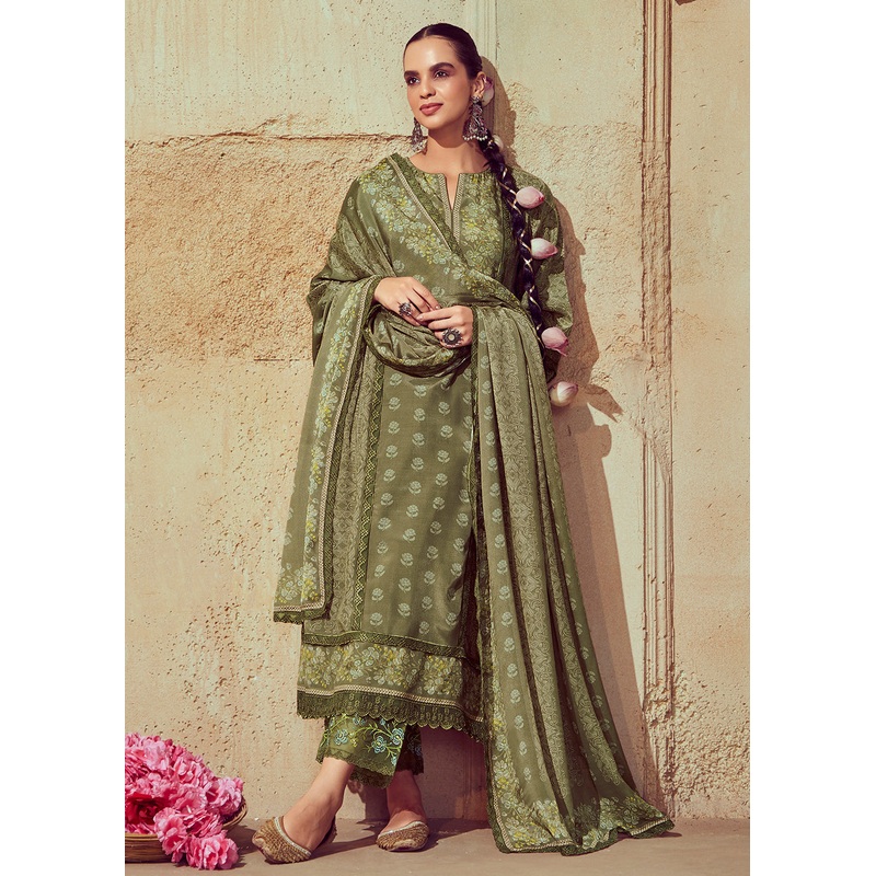 Digital Printed & Embroidered Mehndi Green Muslin Salwar Suit