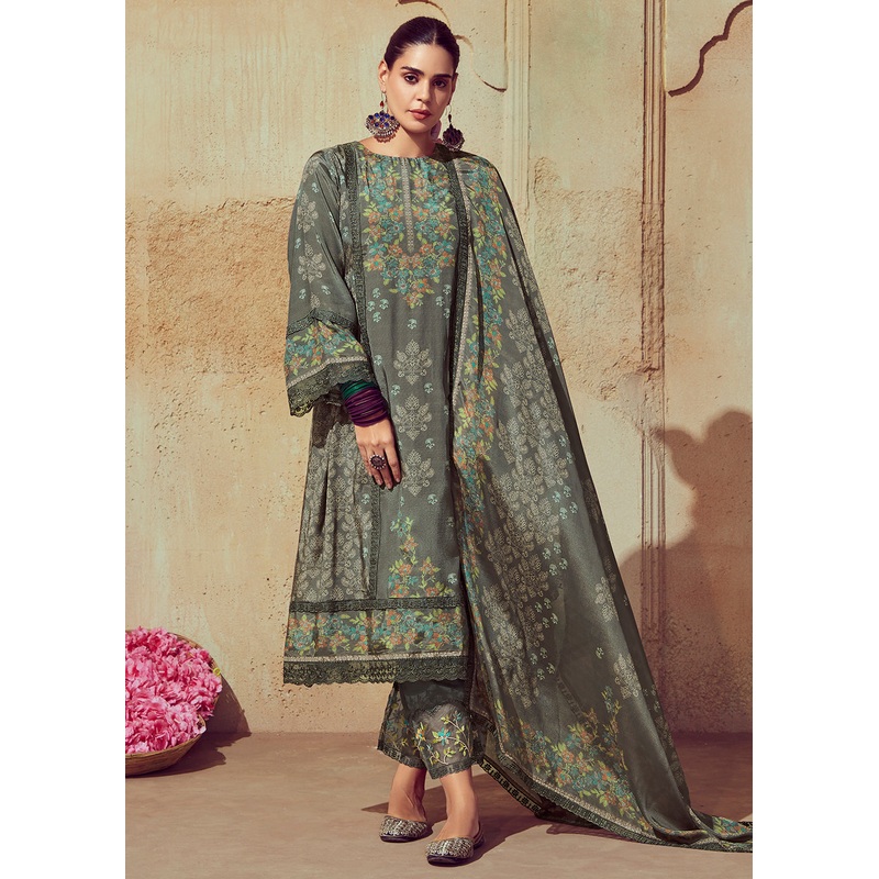 Digital Printed & Embroidered Moss Grey Muslin Salwar Suit