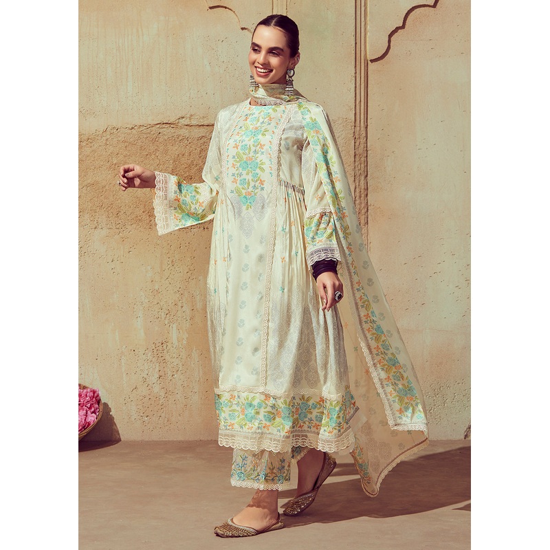 Digital Printed & Embroidered Off White Muslin Salwar Suit