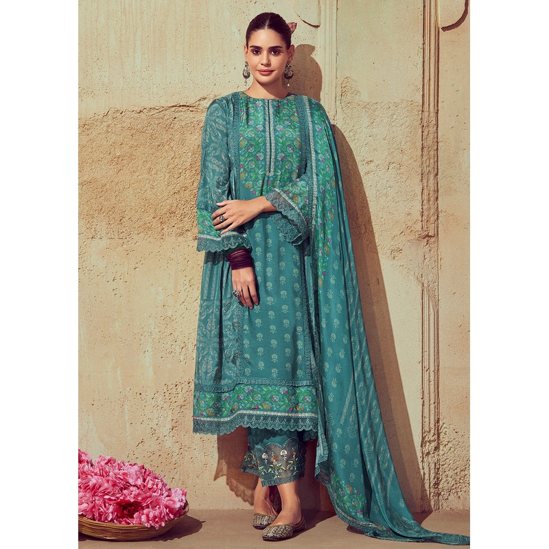 Digital Printed & Embroidered Rama Green Muslin Salwar Suit