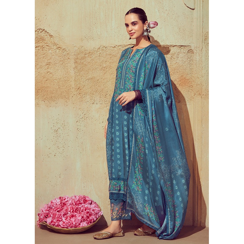 Digital Printed & Embroidered Slate Blue Muslin Salwar Suit