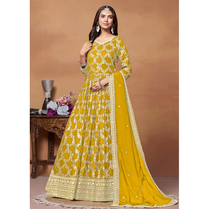 Dola Jacquard Mustard Embroidered Festive Anarkali Suit