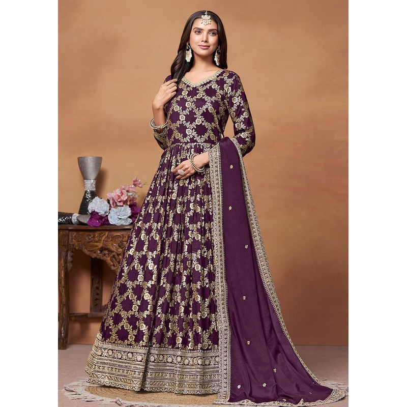 Dola Jacquard Purple Embroidered Festive Anarkali Suit