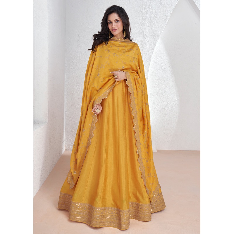 Elegant Yellow Embroidered Silk Wedding Anarkali Dress