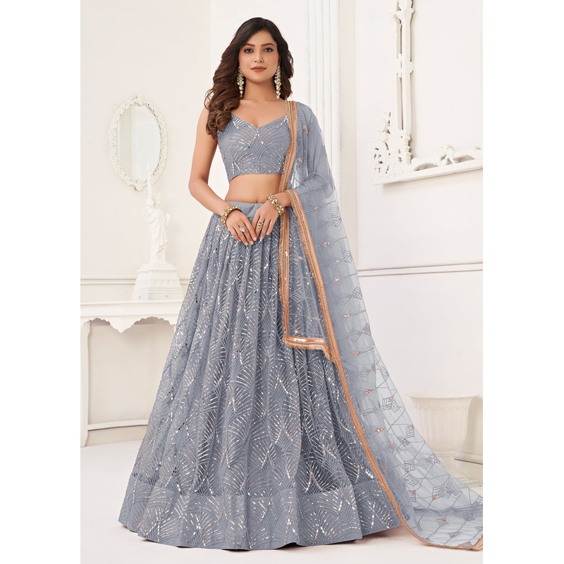 Embroidered Net Grey Sangeet & Wedding Wear Lehenga Choli