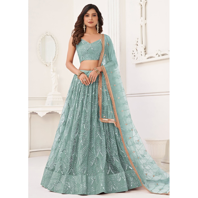Embroidered Net Ocean Blue Sangeet & Wedding Wear Lehenga Choli