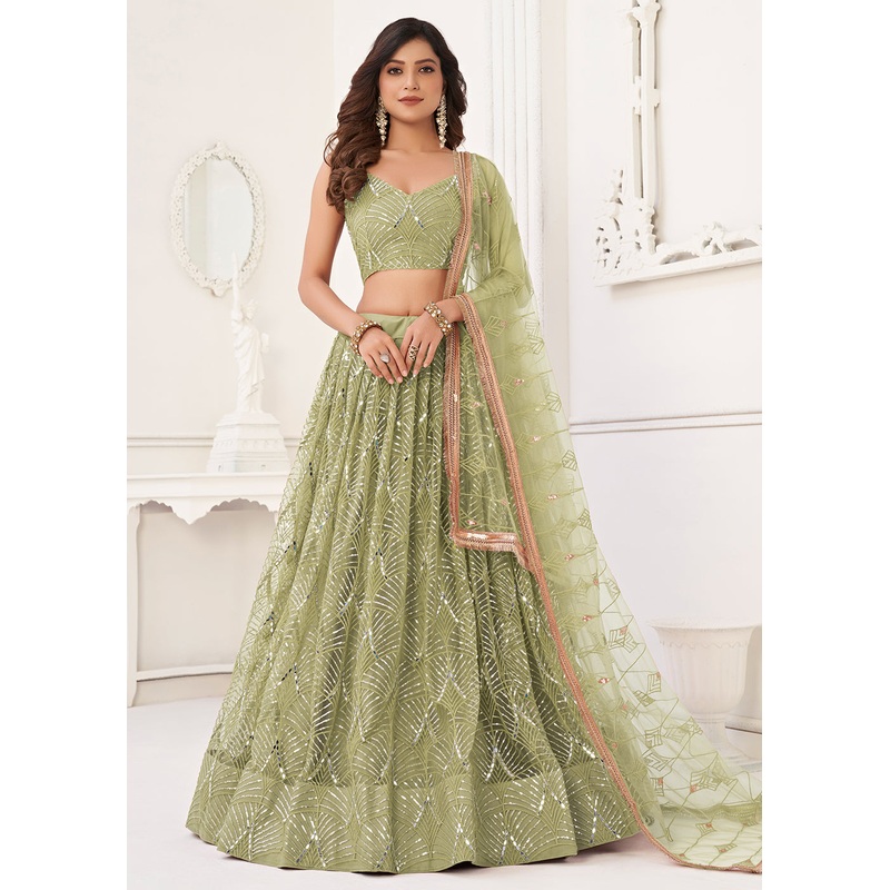 Embroidered Net Pista Green Sangeet & Wedding Wear Lehenga Choli