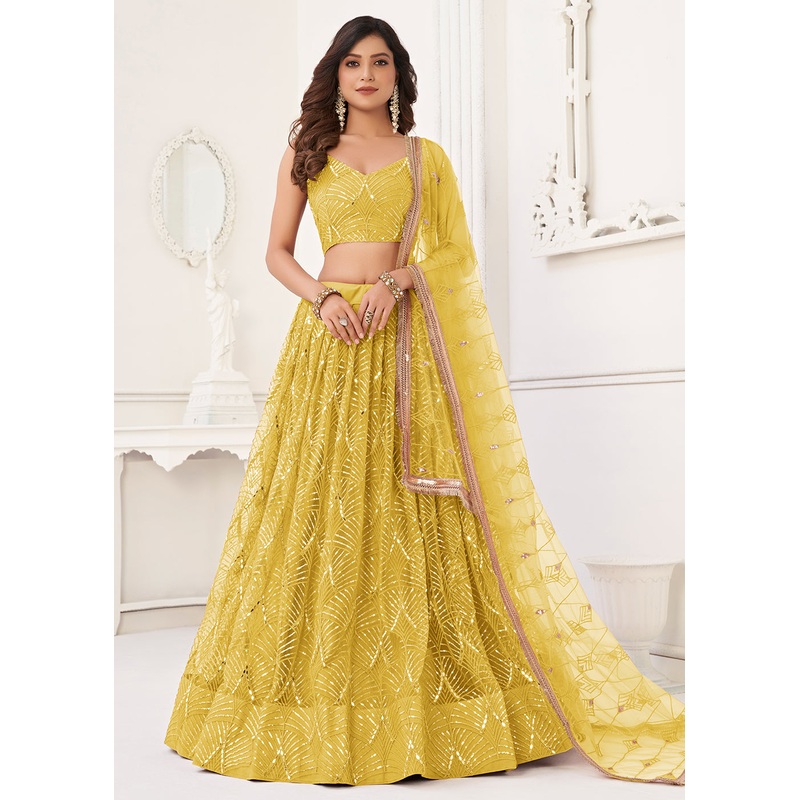 Embroidered Net Yellow Sangeet & Wedding Wear Lehenga Choli