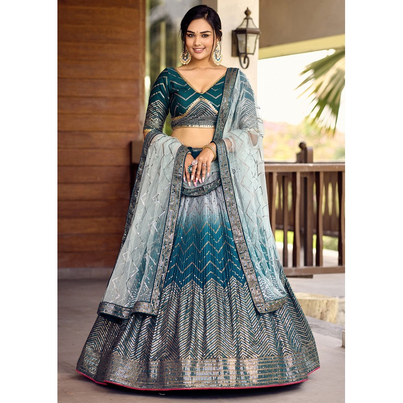 Fabulous Blue Chinnon Embroidered Function Lehenga Choli
