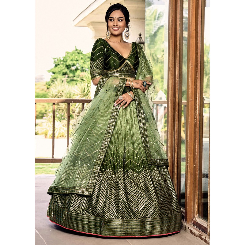Fabulous Green Chinnon Embroidered Mehndi Lehenga Choli