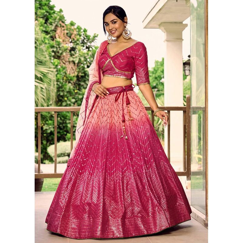 Fabulous Pink Chinnon Embroidered Wedding Lehenga Choli