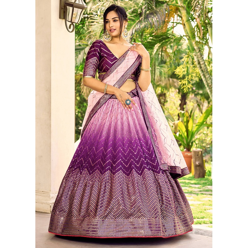 Fabulous Purple Chinnon Embroidered Wedding Lehenga Choli