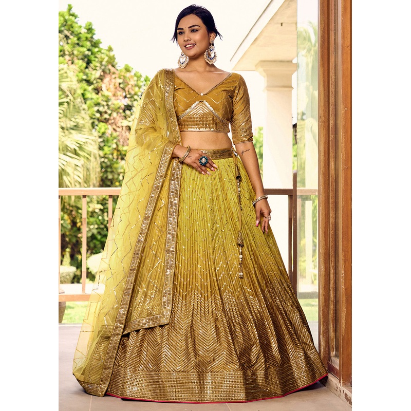 Fabulous Yellow Chinnon Embroidered Haldi Lehenga Choli