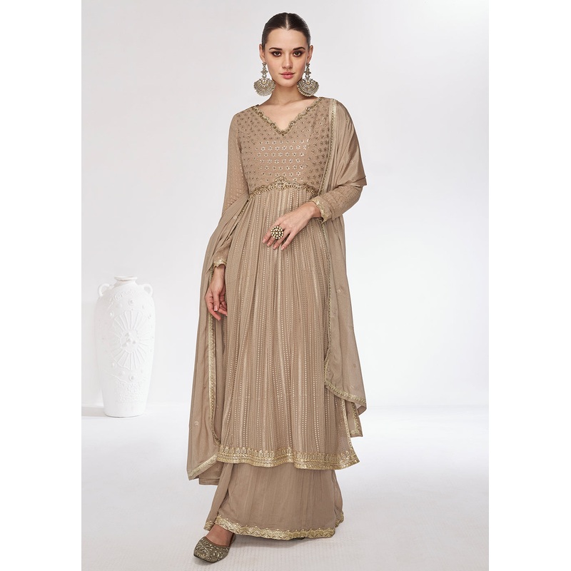 Georgette Premium Beige Embroidered Palazzo Salwar Suit