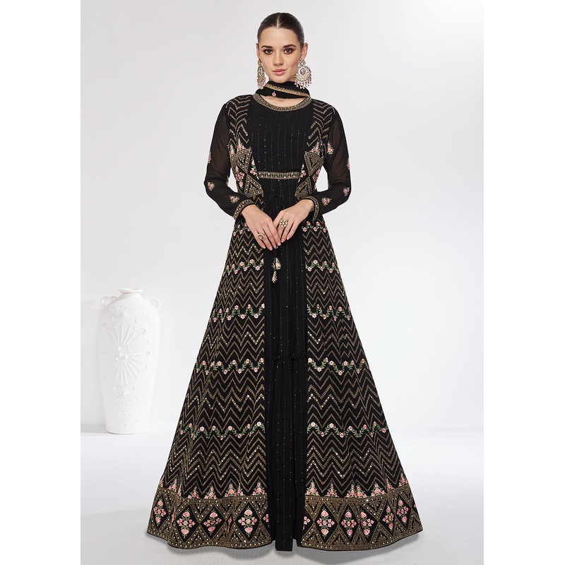 Georgette Premium Black Embroidered Wedding Anarkali Suit
