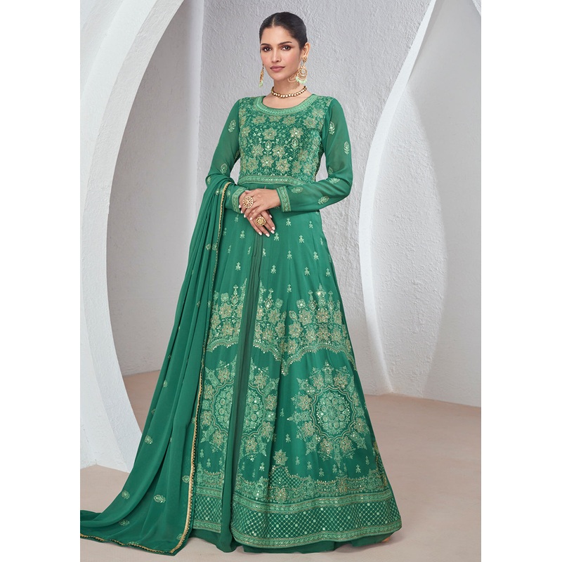 Green Front Slit Embroidered Lehenga Skirt Suit