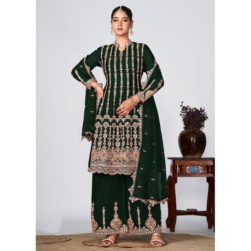 Green Heavy Chinnon Embroidered Festive Palazzo Suit