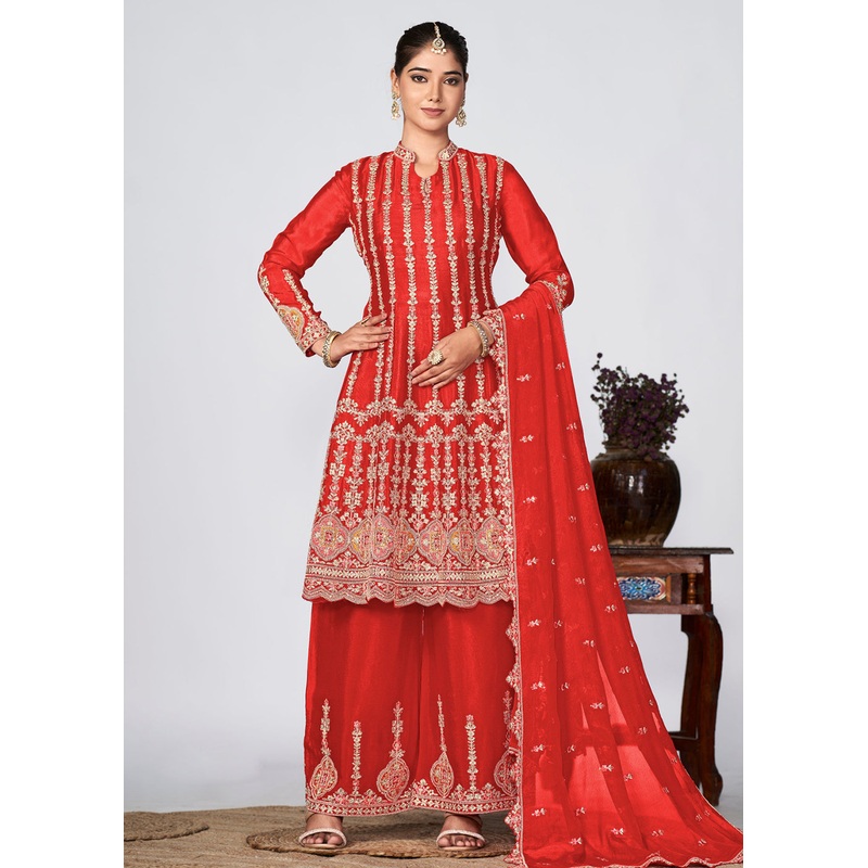 Hot Red Heavy Chinnon Embroidered Festive Palazzo Suit