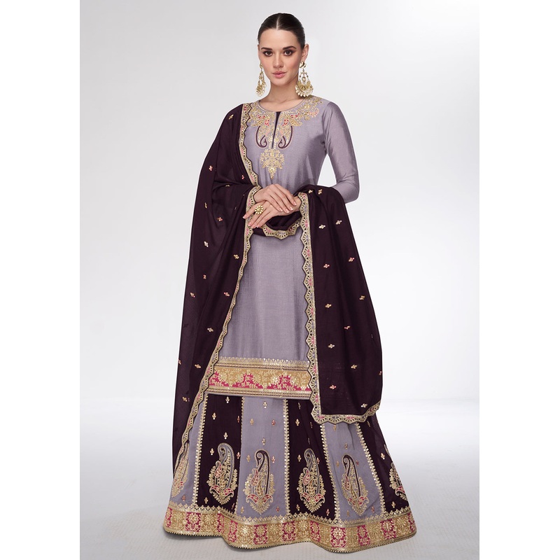 Light Lavender Embroidred Wedding Lehenga Kurti Set