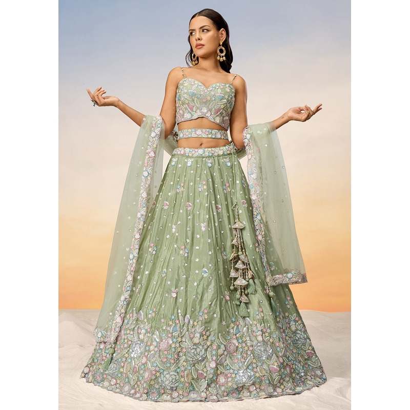 Lime Green Poly Chiffon Embroidered Wedding Party Lehenga Choli