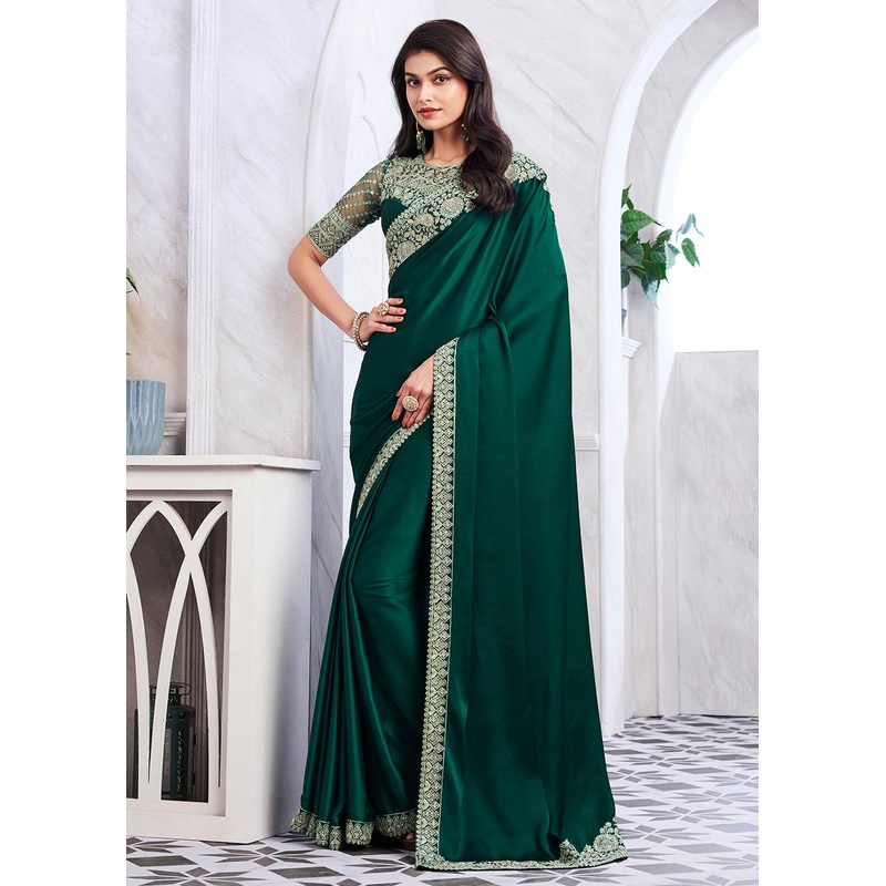 Lovely Bottle Green Silk Embroidered Designer Saree
