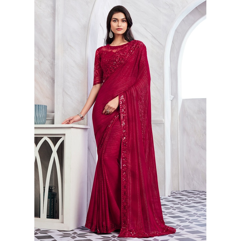 Lovely Cherry Red Silk Embroidered Designer Saree