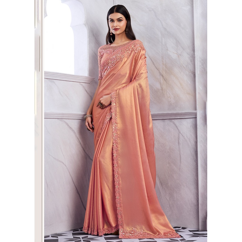 Lovely Coral Peach Silk Embroidered Designer Saree