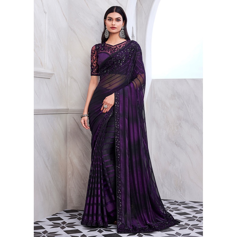 Lovely Dark Purple Silk Embroidered Designer Saree