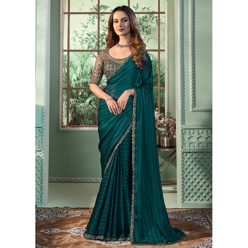 Lovely Green Georgette Silk Embroidered Wedding Party Wear Saree