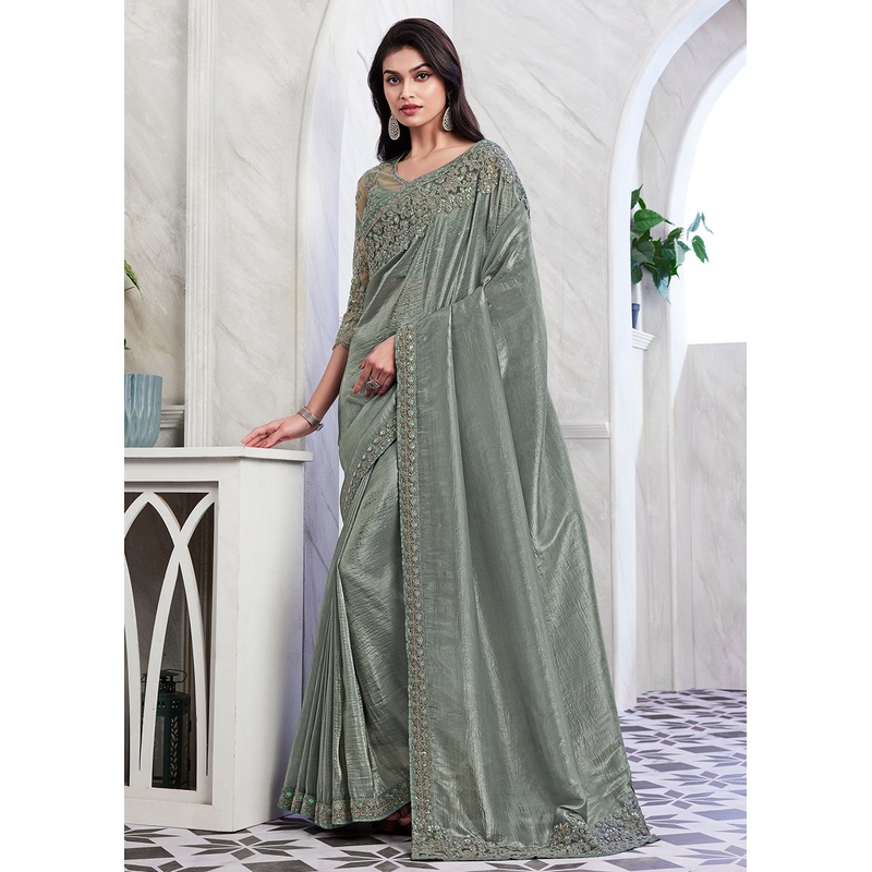Lovely Greenish Grey Silk Embroidered Designer Saree