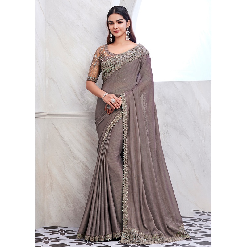 Lovely Greyish Mauve Silk Embroidered Designer Saree