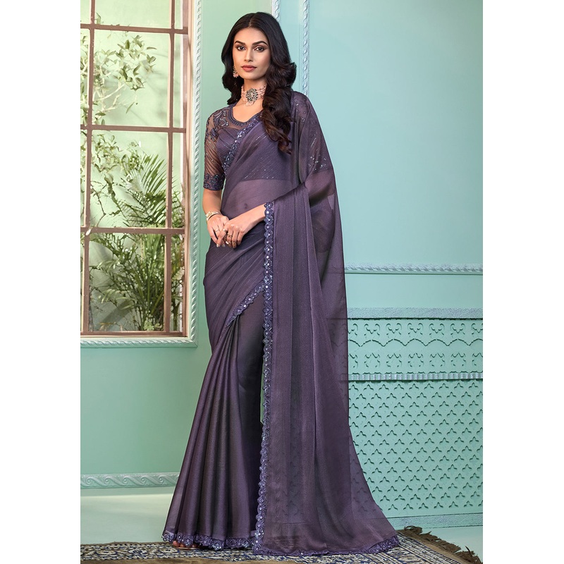 Lovely Lavender Georgette Embroidered Wedding Party Wear Saree