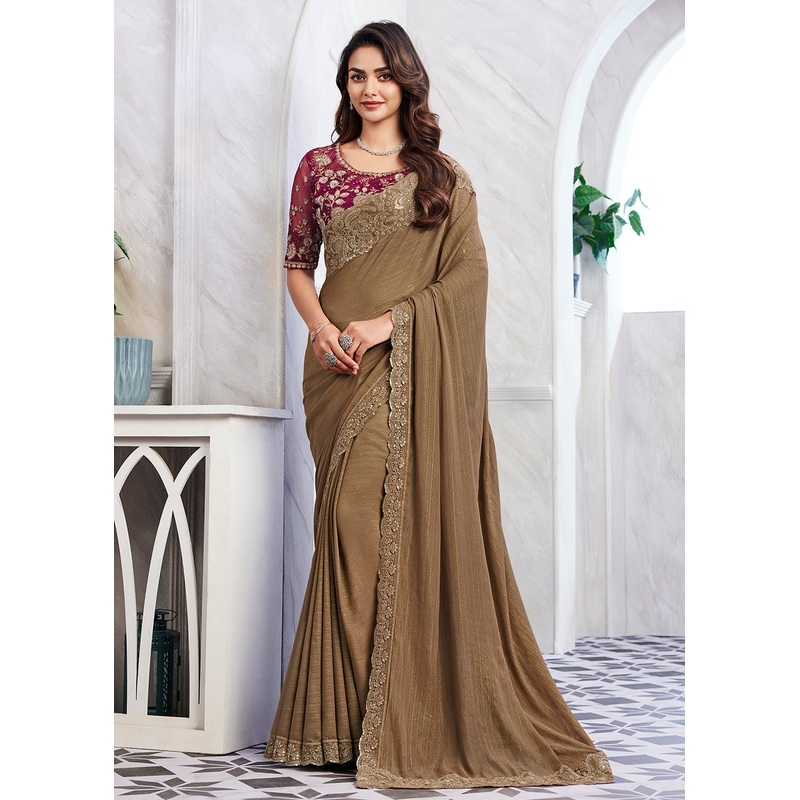 Lovely Light Brown Silk Embroidered Designer Saree