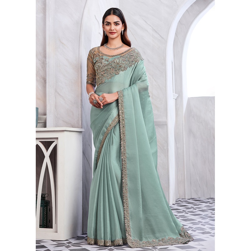 Lovely Mint Blue Silk Embroidered Designer Saree
