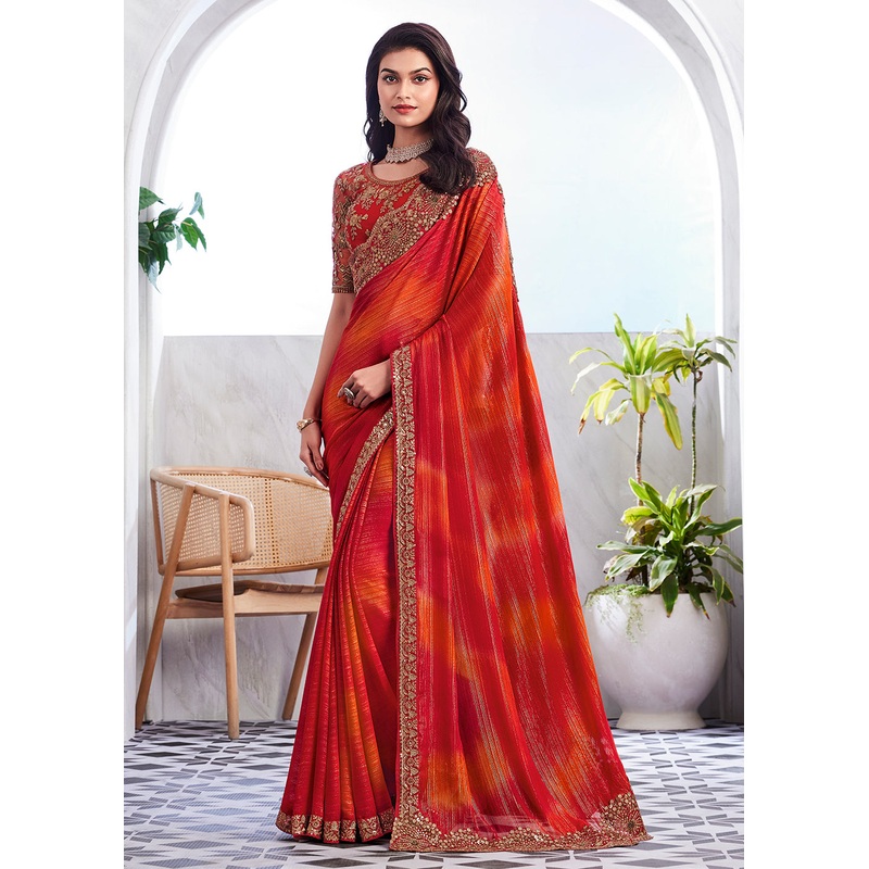 Lovely Orange Red Silk Embroidered Designer Saree