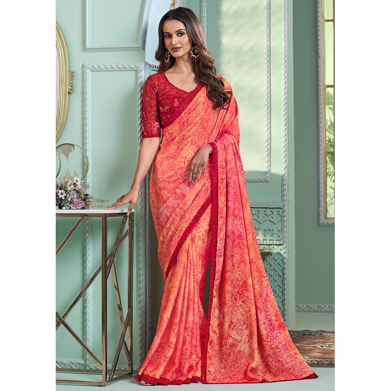 Lovely Peach Chiffon Silk Embroidered Wedding Party Wear Saree
