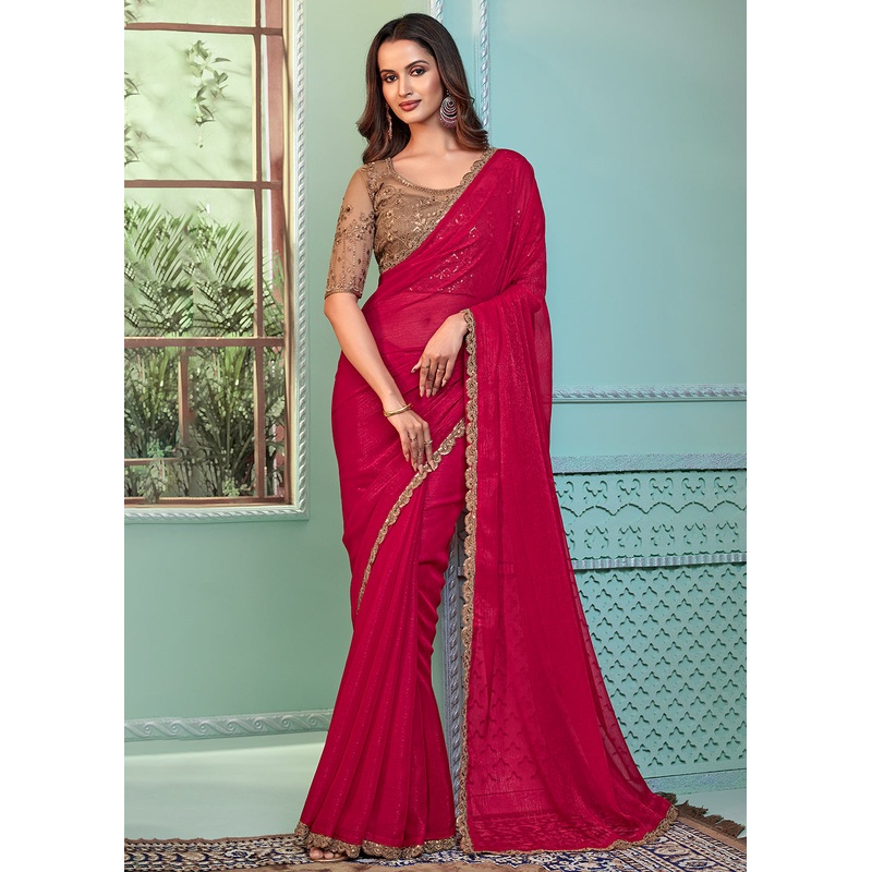 Lovely Pink Georgette Embroidered Wedding Party Wear Saree